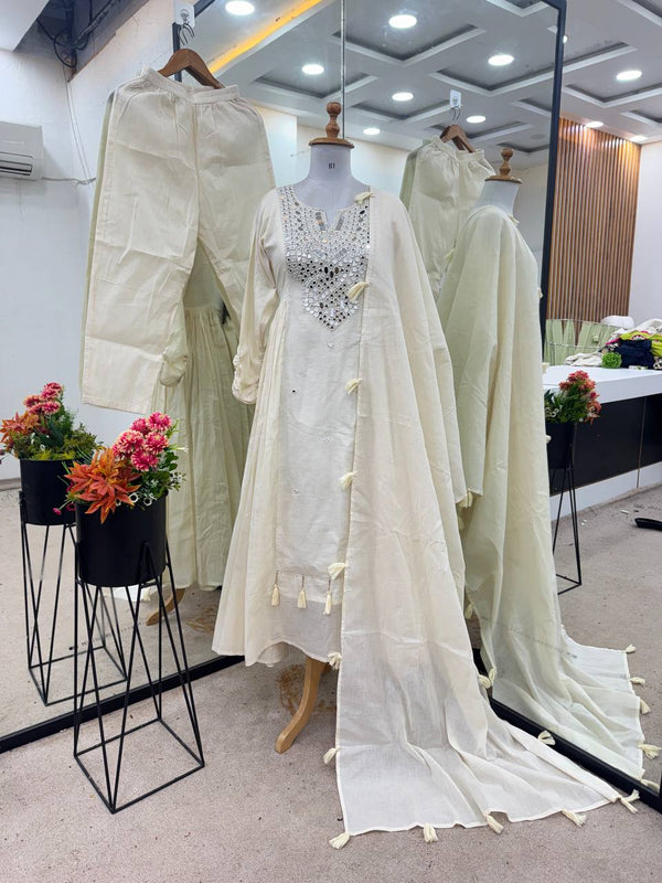 Trendy White Color Mirror Work Gown