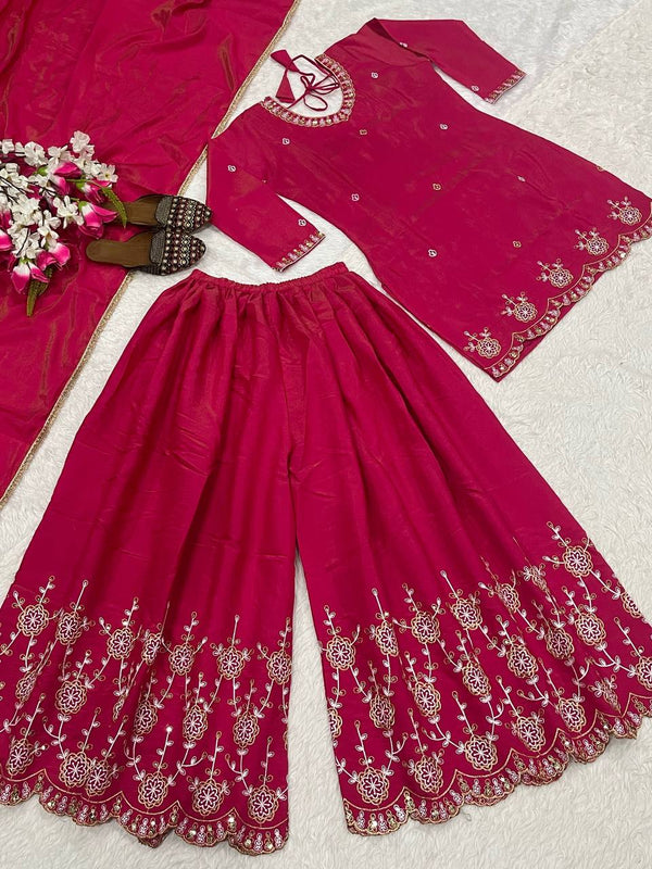 Stylish Pink Color Embroidery Work Palazzo Suit