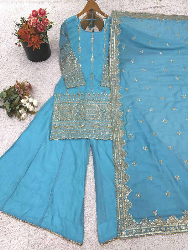 Pretty Sky Blue Embroidery Work Sharara Suit
