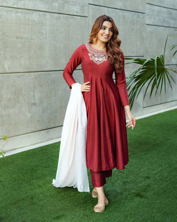 Glorious Maroon Color Thread Embroidered Anarkali Suit
