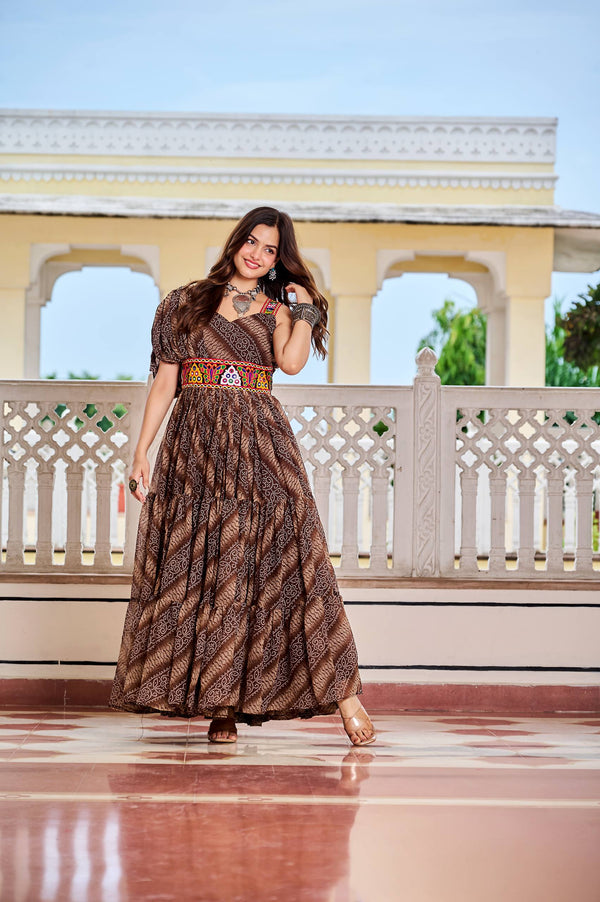 Navratri Special Brown Color Bandhni Gamthi Work Gown