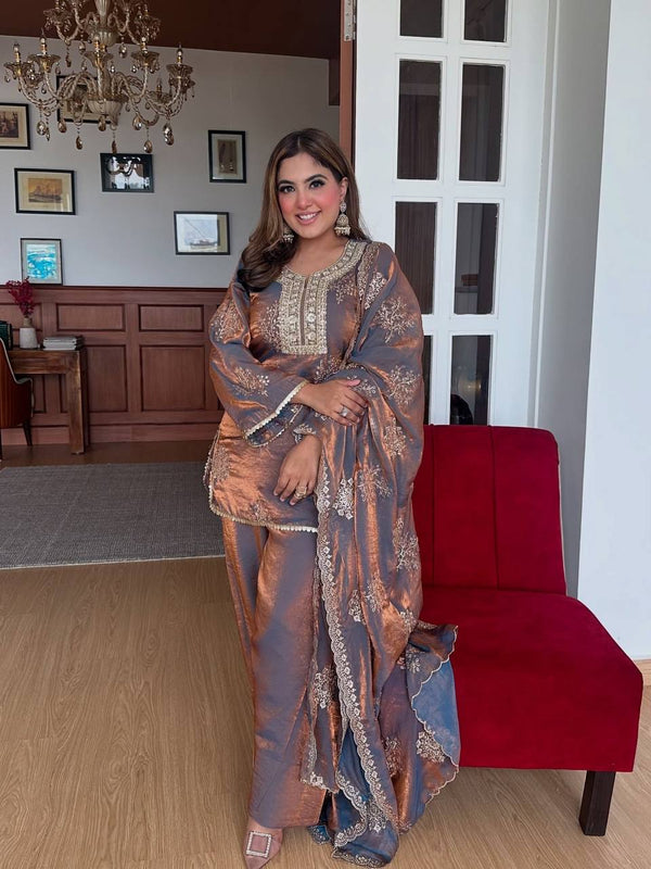 Trendy Brown Color Embroidery Work Palazzo Suit