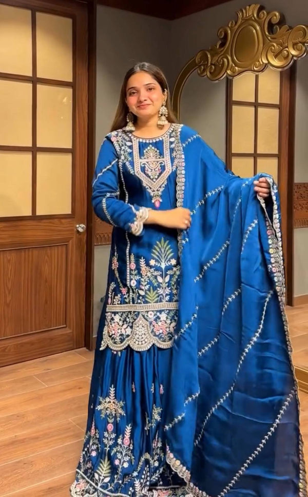 Stylish Blue Color Embroidery Thread Work Sharara Suit