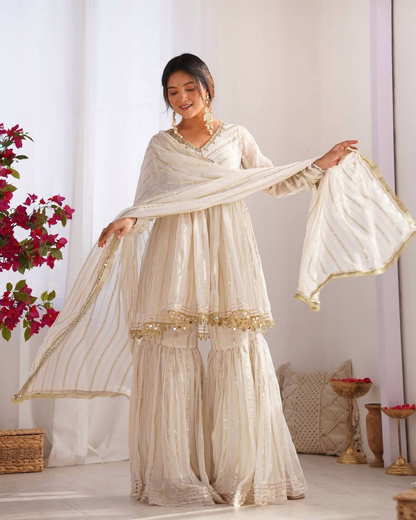 Pretty White Color Mirror Work Full Flared Sharara Suit