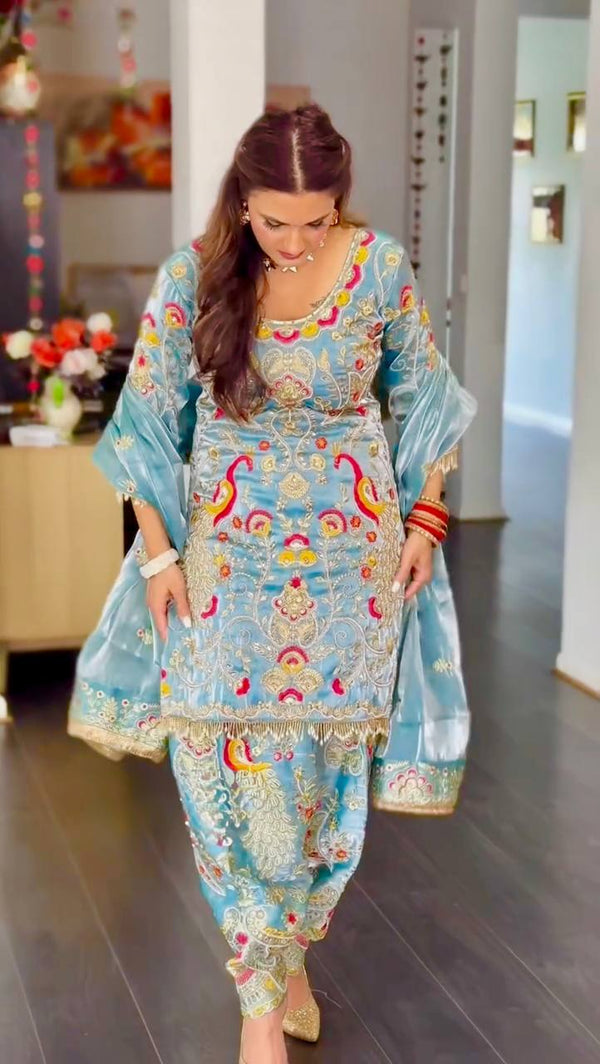 Lovely Sky Blue Color Embroidery Work Palazzo Suit