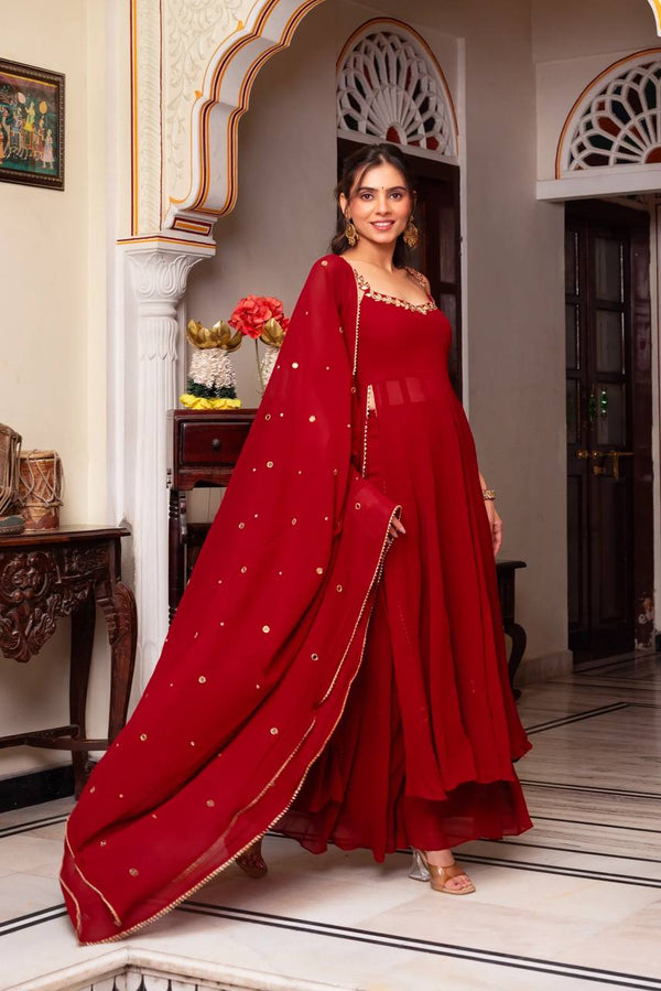 Attractive Red Color Mirror Work Anarkali Suit