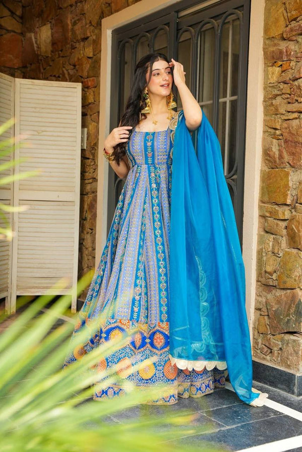 Stylish Blue Color Organza Digital Printed Gown
