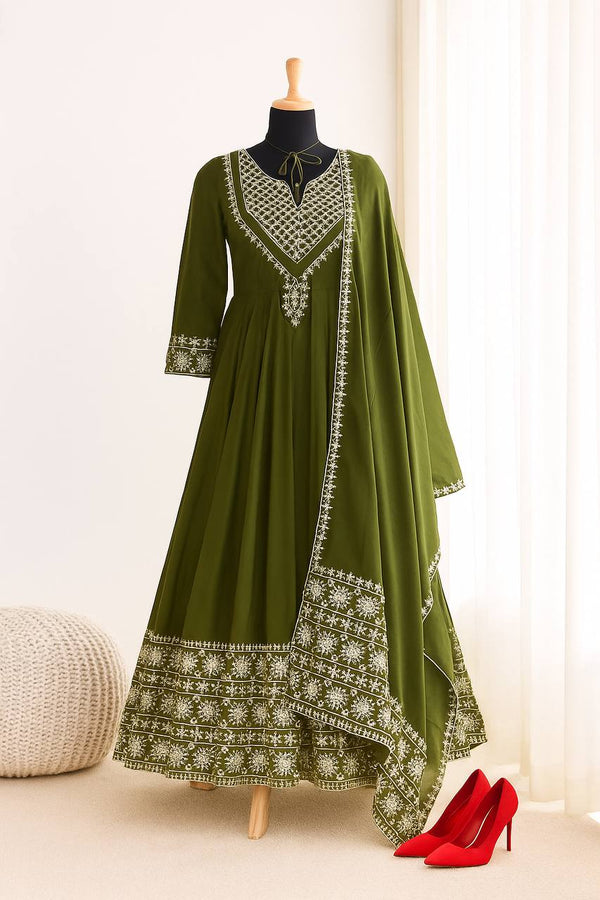 Ravishing Mehndi Color Embroidery Work Gown