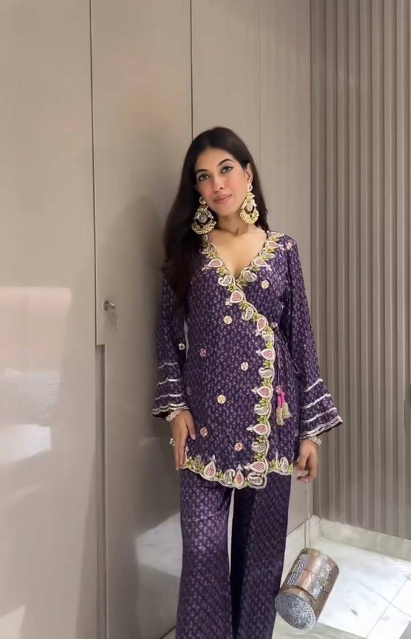 Ravishing Purple Color Embroidery Work Palazzo Suit