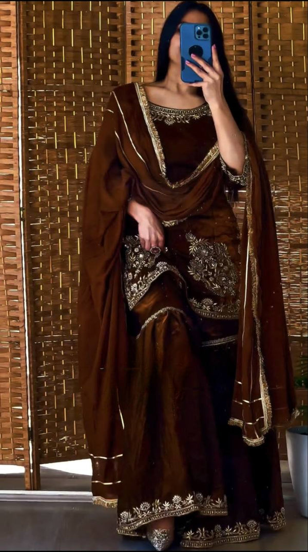 Wonderful Brown Color Embroidery Work Sharara Suit