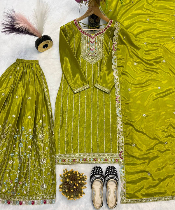 Awesome Mehndi Color  Embroidery Work Palazzo Suit