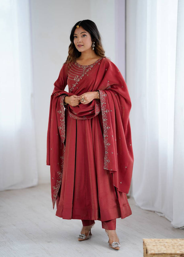 Maroon Color Chanderi Silk With Beads Work Anarkali Suit