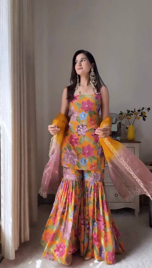 Mustard Color Chinon Silk Digital Printed Sharara Suit