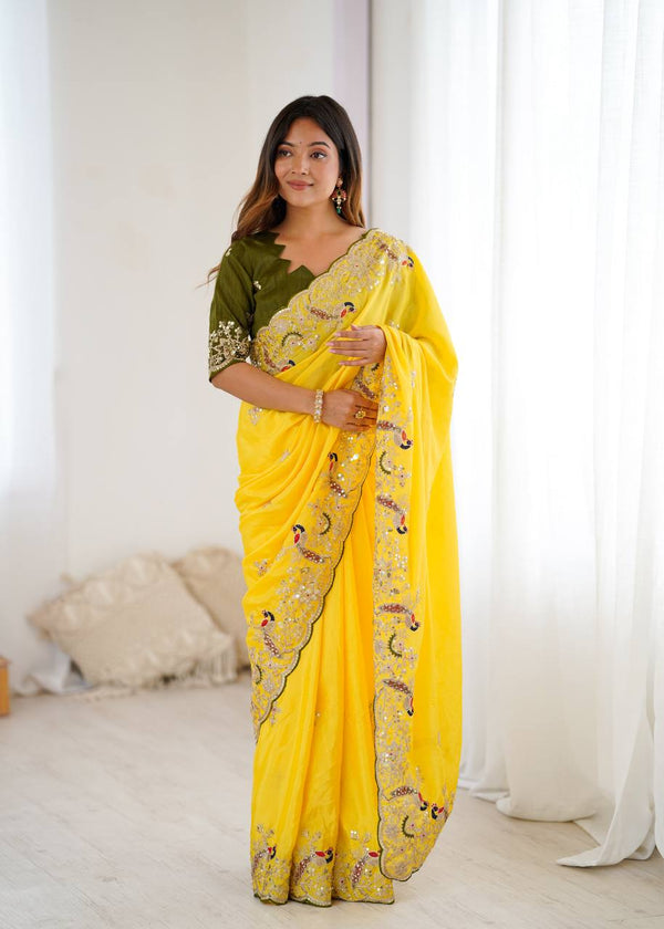 Ravishing Yellow Sequence Work Silk Saree