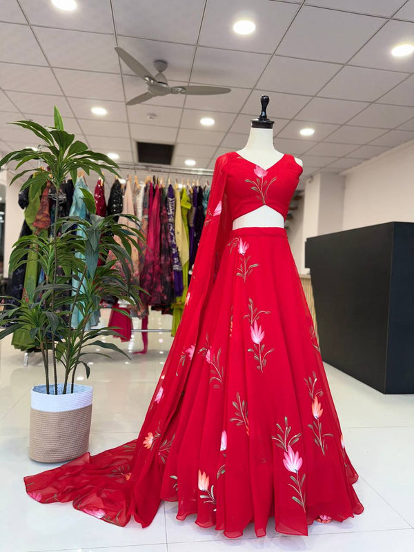 Fancy Red Color Flared Georgette Lehenga Choli