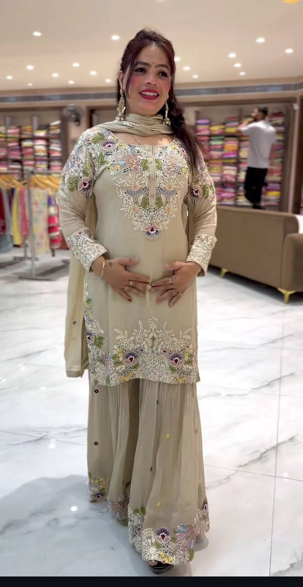 Glorious Beige Color Embroidery Work Sharara Suit