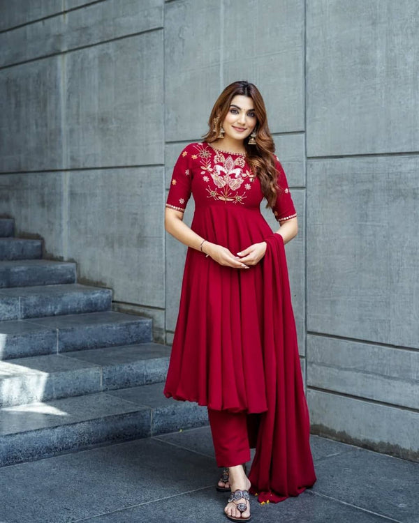 Stylish Red Color Roman Simmer Silk Work Anarkali Suit