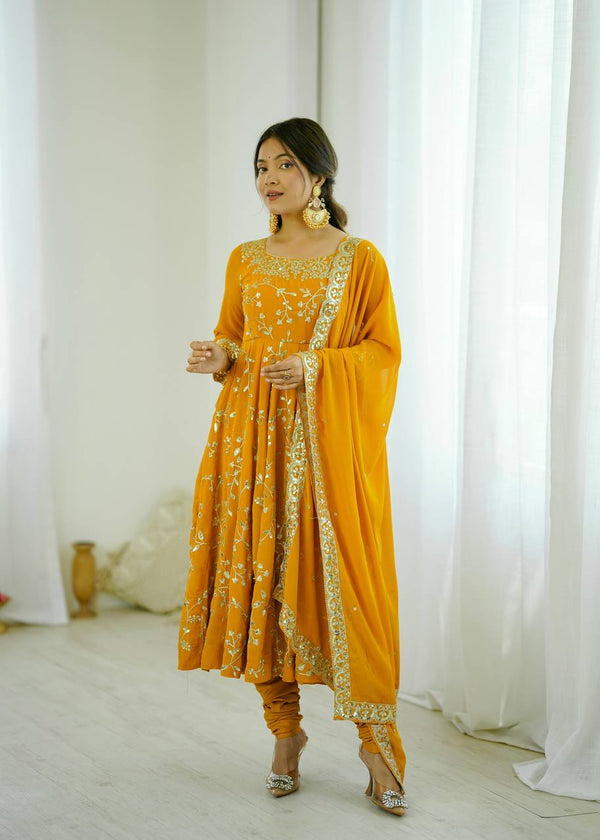Gorgeous Yellow Color Sequence Work Georgette Gown