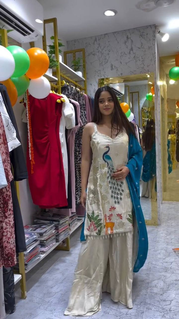 Mesmerizing White Color Embroidery Sharara Suit