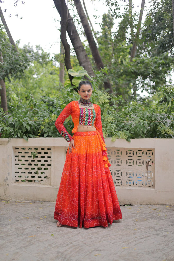 Orange Color Bandhani Print Work Lehenga For Navratri Collection