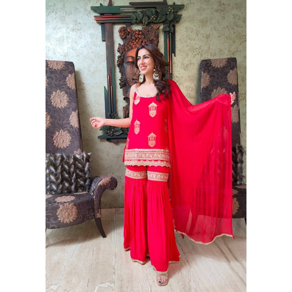 Glorious Red Color Thread Work Georgette Sharara Suit