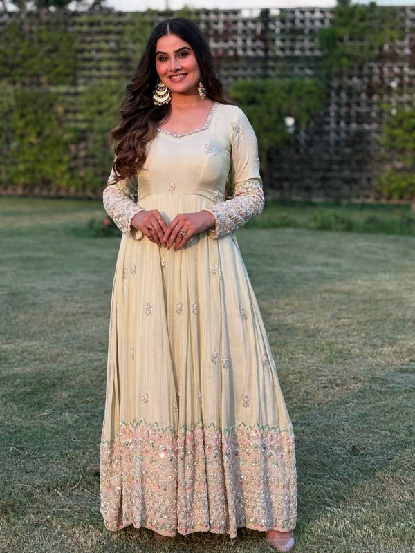 Trendy White Color Embroidery Work Georgette Gown