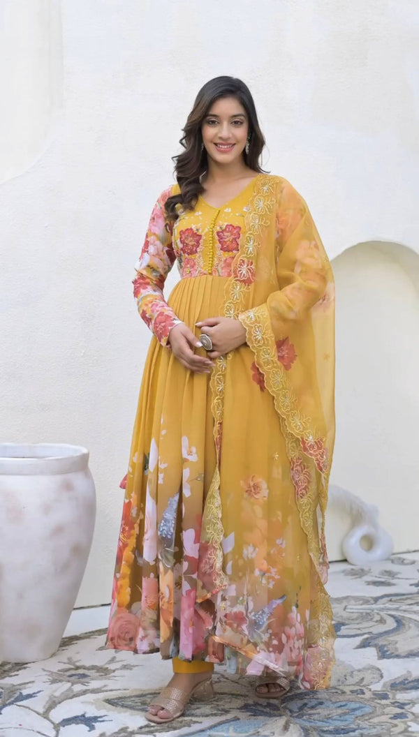 Ravishing Yellow Color Sequence Work Georgette Gown