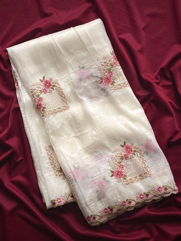Shining White Color Embroidery Thread Work Saree