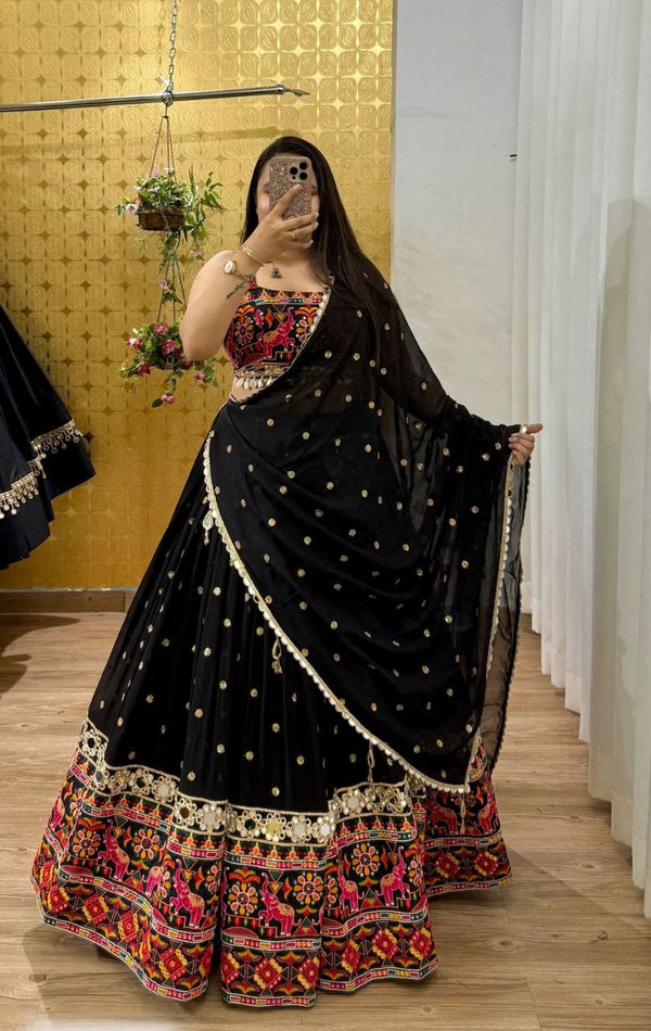 Designer Black Color Georgette Mirror Work Lehenga Choli