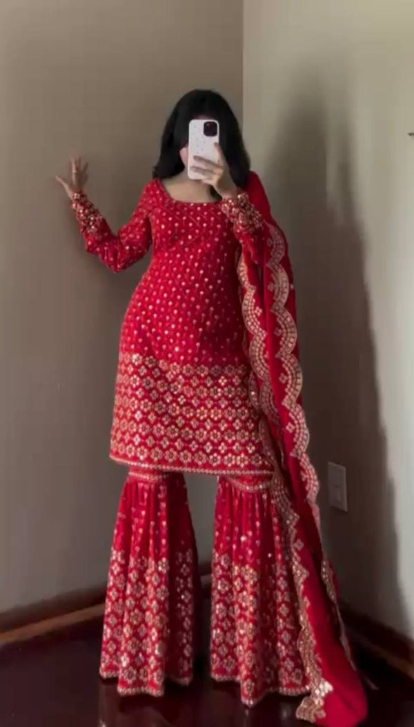Stylish Red Color Thread Work Georgette Sharara Suit