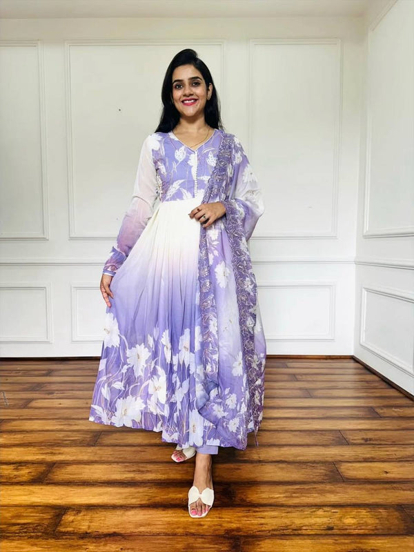 Stylish Purple Digital Print Georgette Gown