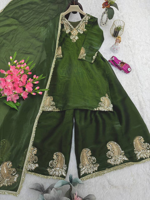 Fancy Green Sequins With Embroidery Work Sharara Suit