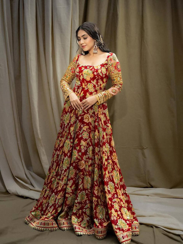 Admiring Red Color Digital Floral Printed Gown