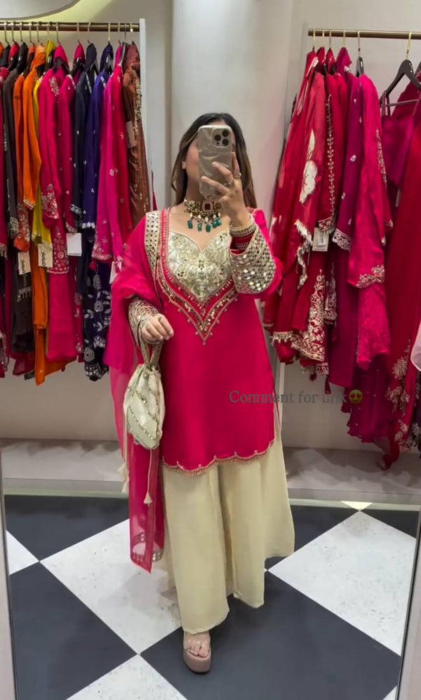 Ravishing Pink Color Mirror Work Palazzo Suit