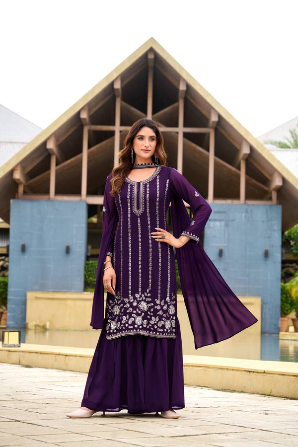 Stylish Purple Embroidery Work Georgette Sharara Suit