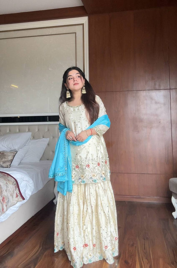 Gorgeous Off White Color Sequence Work Sharara Suit