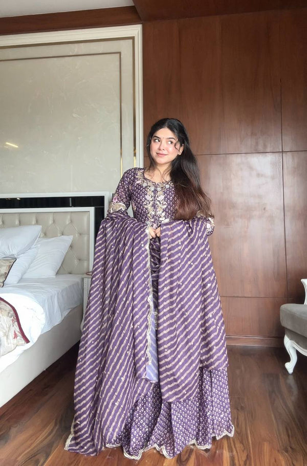 Gorgeous Purple Chinon Embroidery Work Sharara Suit
