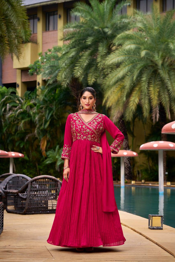 Graceful Red Color Embroidery Work Gown