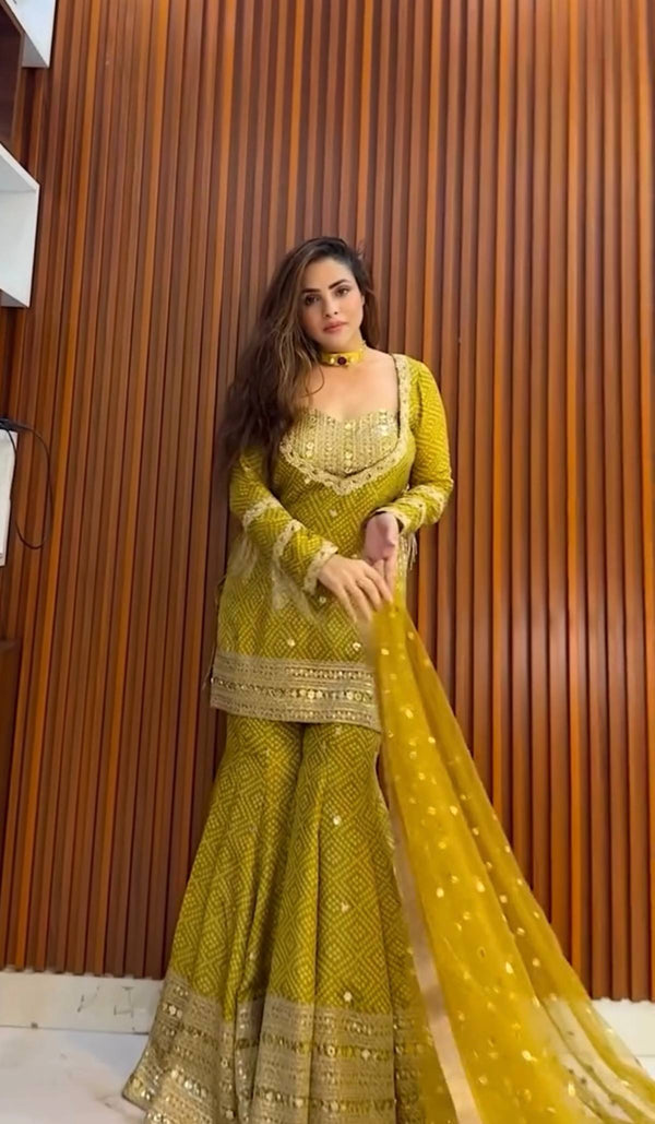 Exclusive Mustard Color Sequence Work Sharara Suit