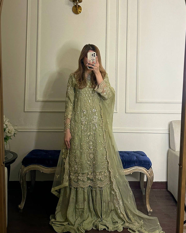 Lovely Mehndi Color Sequence Work Georgette Palazzo Suit