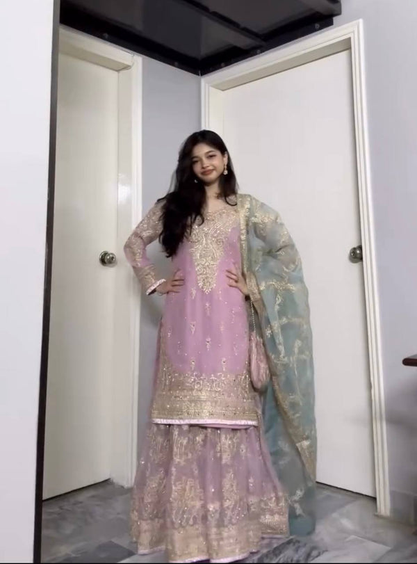 Glorious Pink Color Work Georgette Sharara Suit