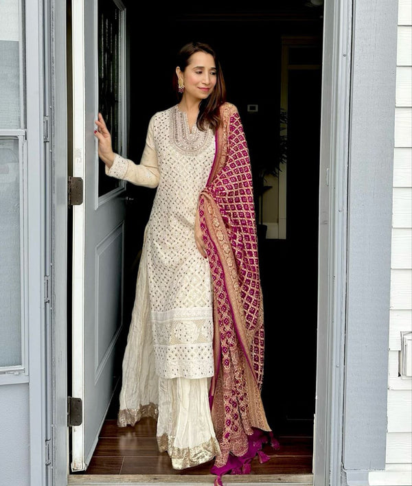 Gorgeous White Color Sequence Work Georgette Palazzo Suit