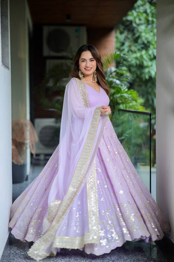 Glorious Lavender Color Blooming Foil Work Anarkali Gown