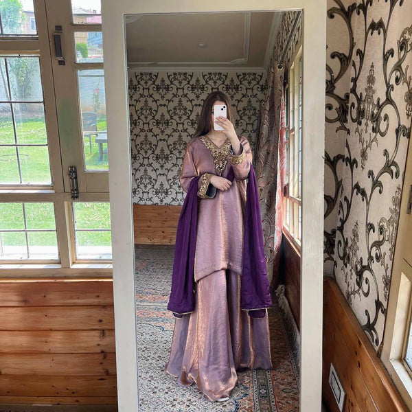Glimmering Purple Color Embroidery Work Palazzo Suit