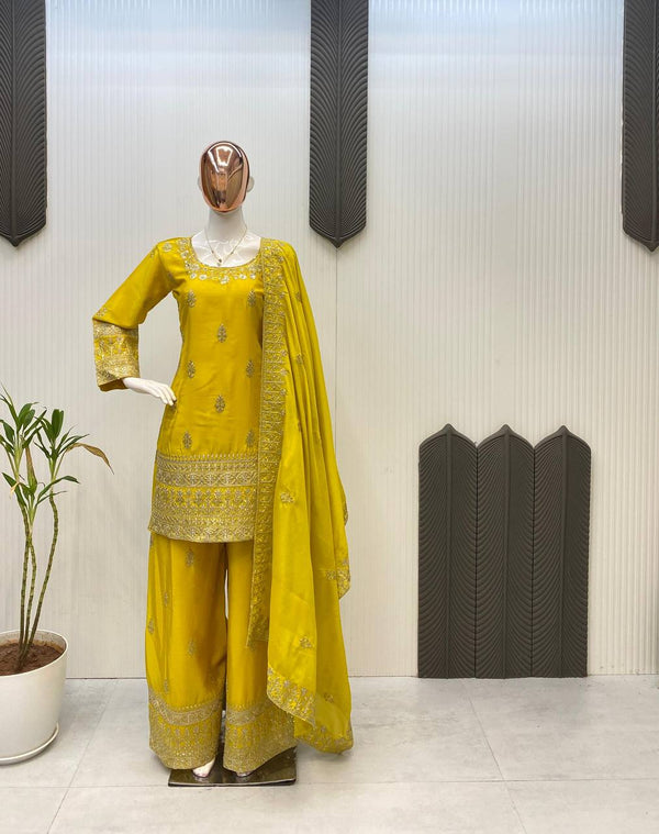 Wonderful Yellow Color Sequence Work Palazzo Suit