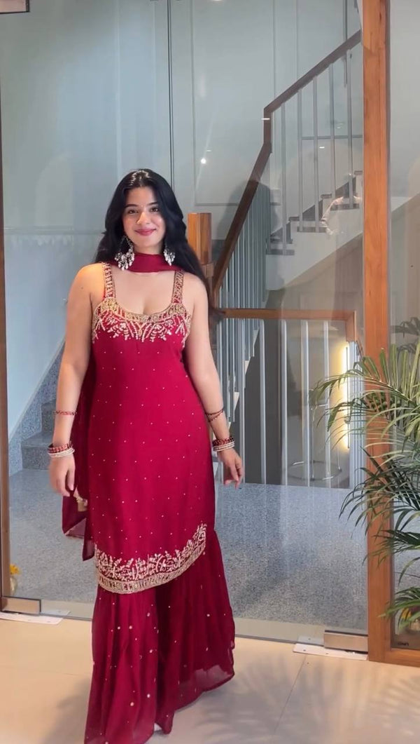 Glorious Red Embroidery Work Georgette Sharara Suit