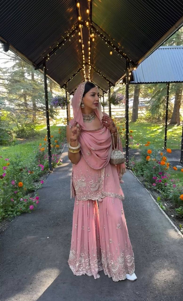 Stylish Pink Color Sequence Work Georgette Sharara Suit