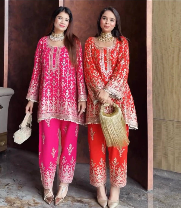 Trendy Orange Sequence Work Georgette Palazzo Suit