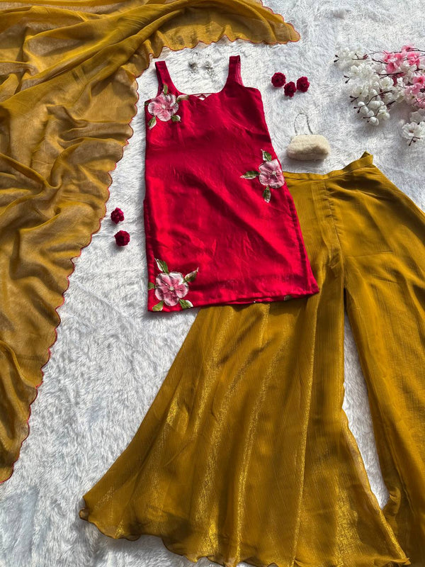 Graceful Red Color Fully Stitched Work Palazzo Suit