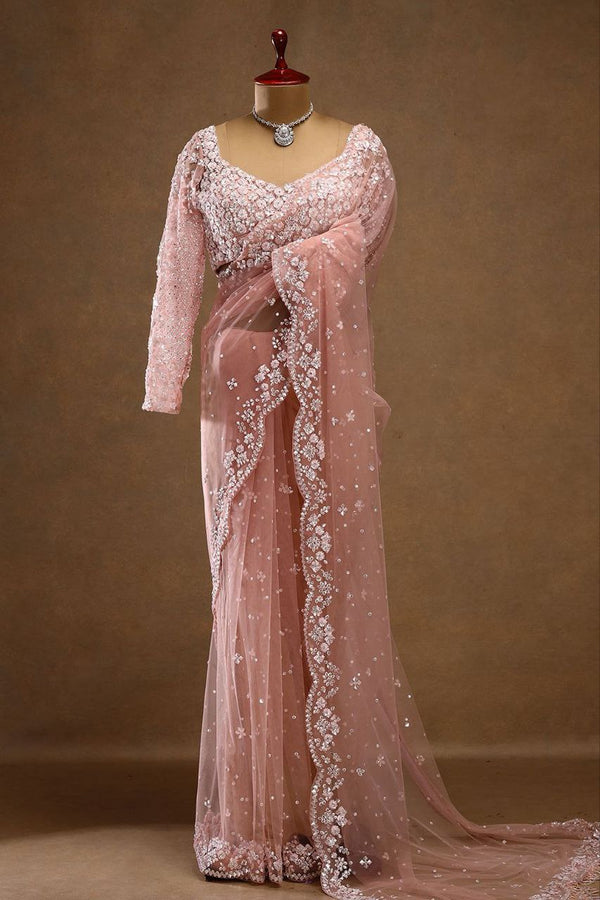 Lovely Pink Color Sequins Work Butterfly Soft Net Saree